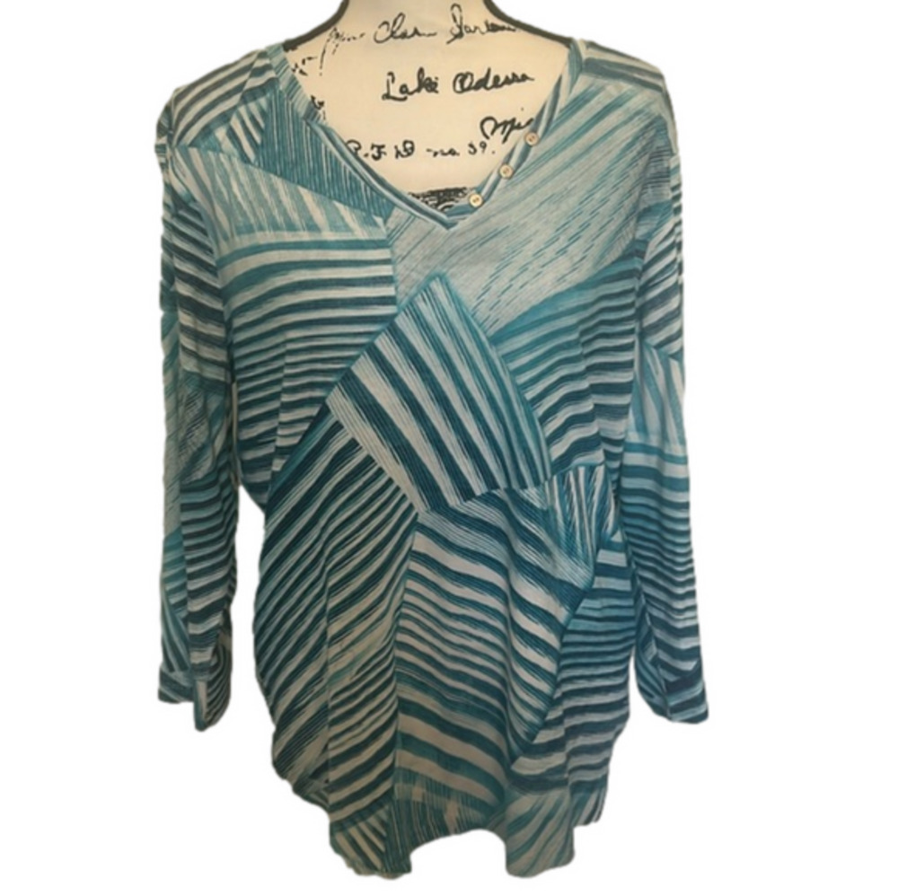 CLEARANCE Chico's Women's Size 3 (L) Angelic Stripe 3/4 Sleeve V-Neck Blue Tee